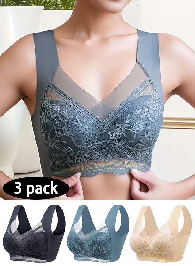 Zeemey 3 Pack Elegant Floral Lace Wireless Bralette Bra, Comfy & Breathable Full Coverage Push Up Intimates Bra, Women's Lingerie - Image 1